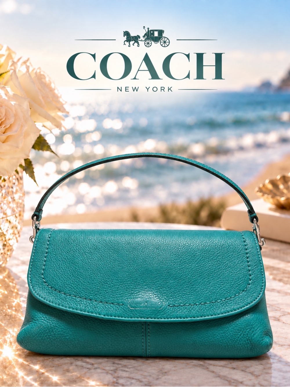 Coach New York Teal Pebbled Leather Flap Shoulder Bag Purse